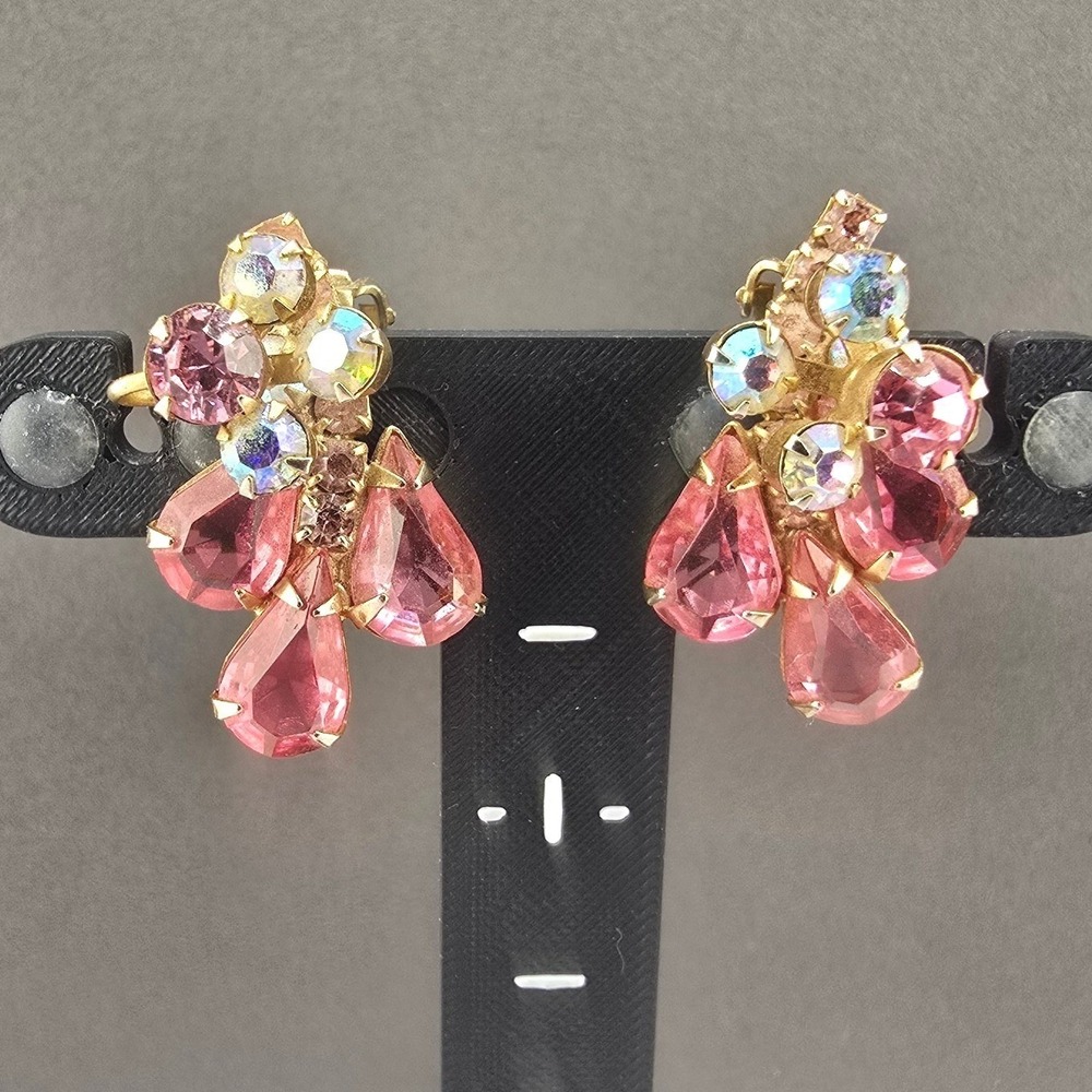 Vintage Estate Clip On Earrings Pink Aurora Borealis Rhinestone Cluster